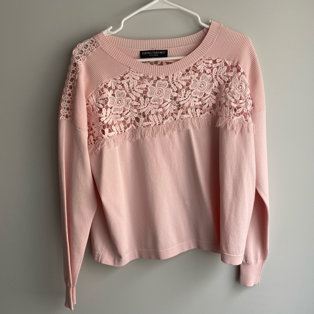 Central park west pink knit sweater with lace detail